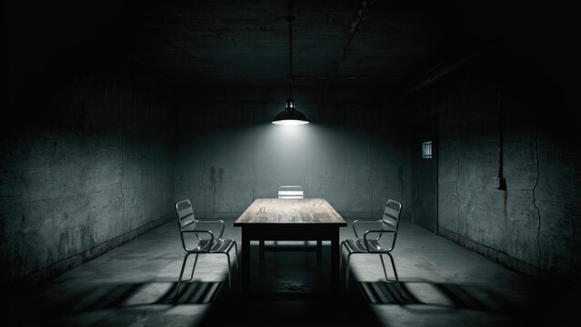 A wooden table and metal chairs situated under a single bright hanging light in a dark room with chairs sits dimly table three industrial minimalist