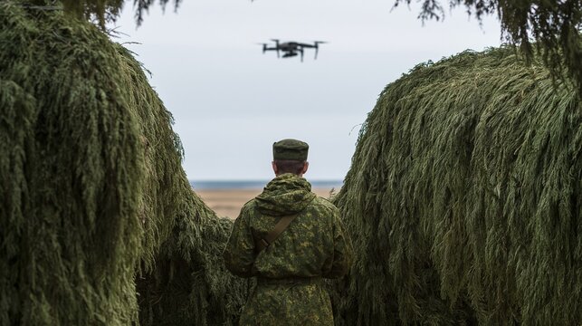 A soldier in camouflage gear observes a drone flying in the sky. The soldier is positioned between two large, camouflaged structures, possibly for concealment.