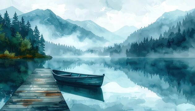 Peaceful mountain lake at dawn with a small rowboat tethered to a wooden dock in an atmospheric watercolor landscape style
