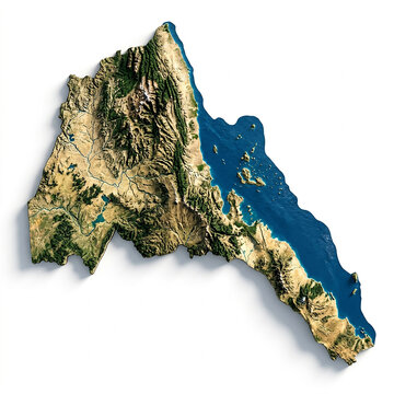 Topographic 3d relief map of eritrea showing the coastline and mountainous terrain isolated on white background
