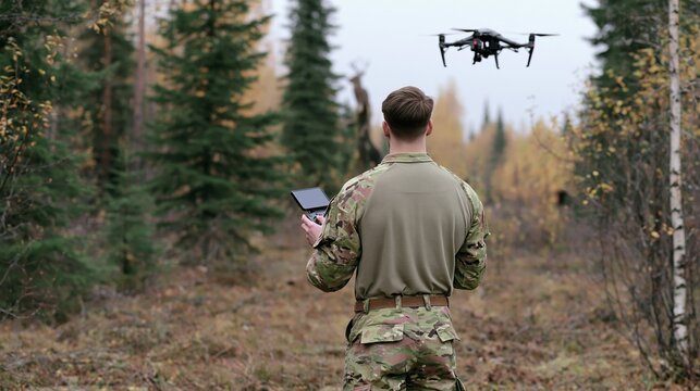 A soldier in camouflage uniform operating a drone with a remote control in a forest. The drone is flying in the air above the trees