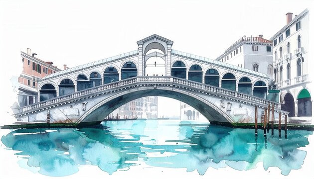 Rialto Bridge in Venice depicted in a clean watercolor and ink illustration style over the shimmering blue canal waters