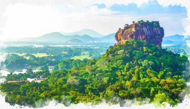 Aerial watercolor view of the majestic Sigiriya rock fortress rising above lush green tropical jungle in Sri Lanka during the daytime