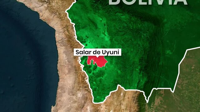 Bolivia map highlights the Salar de Uyuni location in a motion animation