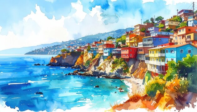 Colorful houses perched on a steep coastal cliffside overlooking the deep blue ocean in a picturesque seaside town during summer