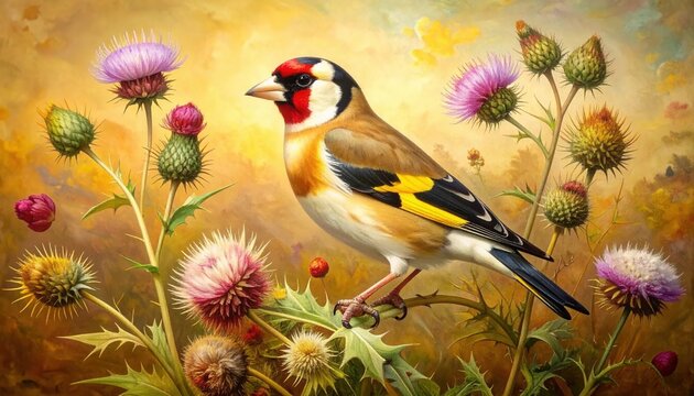 European goldfinch perched delicately among blooming purple thistles in a vibrant meadow under a warm golden sunset sky background