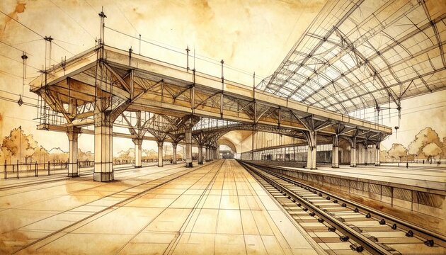 Vintage architectural ink and watercolor sketch of a historic railway station platform featuring massive iron columns and glass roof