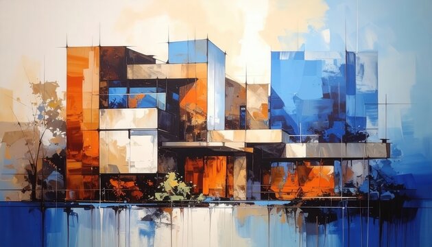 Stunning abstract architectural digital art featuring modern geometric building blocks in blue and orange hues