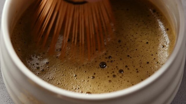 Slow bamboo whisk glides through foamy hojicha in ceramic bowl, revealing smooth texture and fine bubbles in close view.