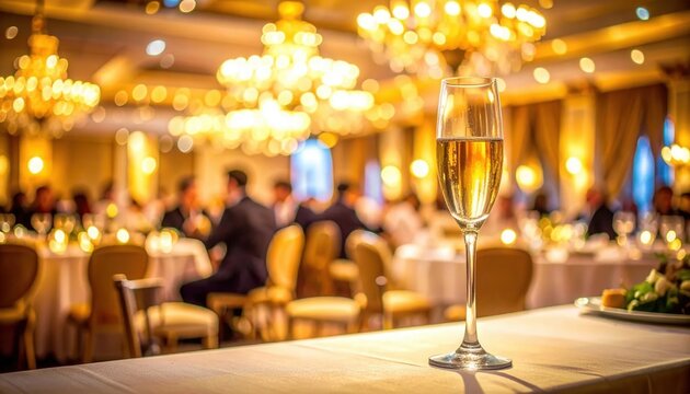 Stunning elegant champagne flute filled with sparkling wine placed on a white table inside a luxurious banquet hall