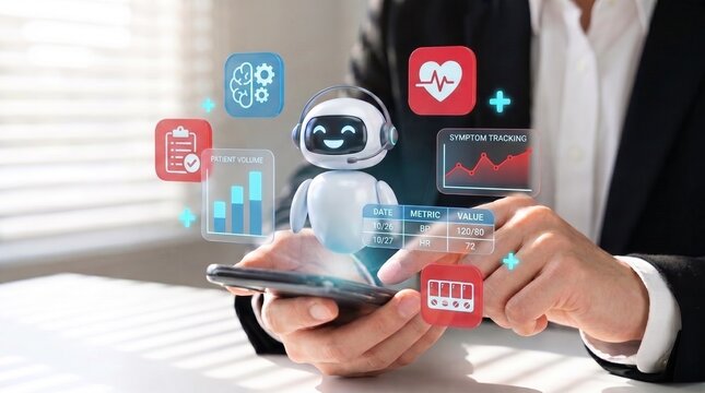 medical provider using mobile ai assistant to manage patient volume, vital signs, clinical data, and healthcare service automation.
