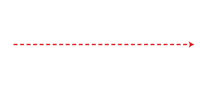 red dashed line long arrow icon. straight horizontal dashed line path ending with an arrowhead pointing right