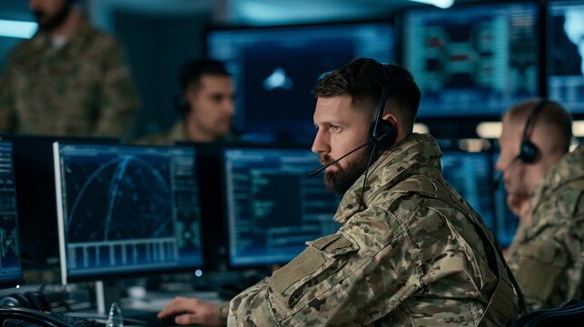 A man in military uniform wearing a headset, looking intently at multiple computer screens displaying data and radar graphics. He is in a control room with other soldiers in the background.