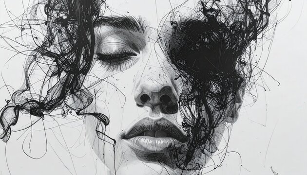 Moody conceptual artwork presenting a human face caught between order and chaos with fluid ink lines and calligraphic webs