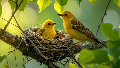 Fototapeta premium Robin Bird Nesting on a Tree Branch in Natural Spring Habitat with Soft Green Foliage and Peaceful Wildlife Atmosphere