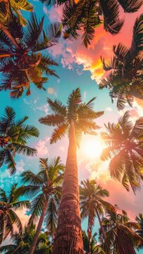 Looking up through palm trees at a vibrant sunset sky.