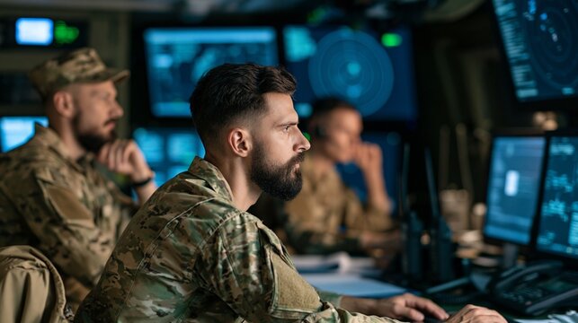 Military personnel working in a control room with monitors displaying data and radar screens. The focus is on the soldiers' concentration and the high-tech environment