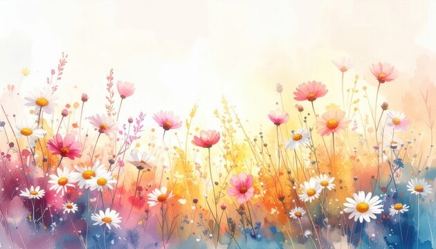 Vibrant watercolor artwork capturing wild daisies and colorful meadow blossoms bathed in warm diffused morning daylight and sunshine
