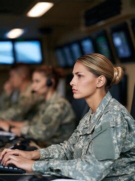 A female soldier in uniform working diligently at a computer station in a command center, surrounded by screens and other personnel