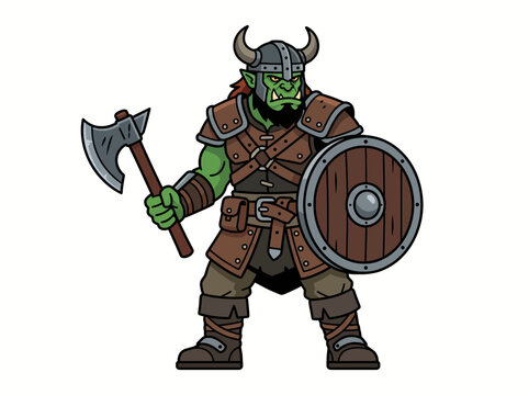 Orc Warrior Character in Viking Armor Holding Battle Axe and Wooden Shield for Halloween