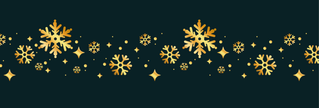 Snowflake border with gold winter pattern for Christmas cards. Elegant vector design with frost ornaments, sparkling holiday decorations and luxury geometric elements for festive templates.