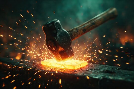 Blacksmith hammer striking glowing hot metal on an anvil with fiery sparks