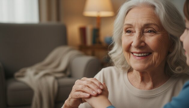 Elderly woman smiling warmly while holding hands with a child in an affectionate intergenerational family support moment