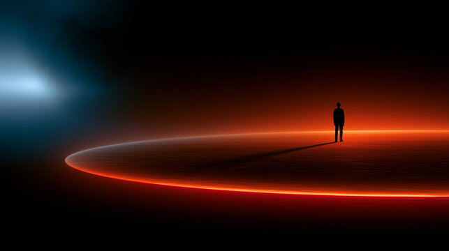 Wide cinematic surreal scene of a solitary silhouetted figure standing on an immense glowing circular horizon, surrounded by deep black space, warm red illumination and expansive atmospheric darkness
