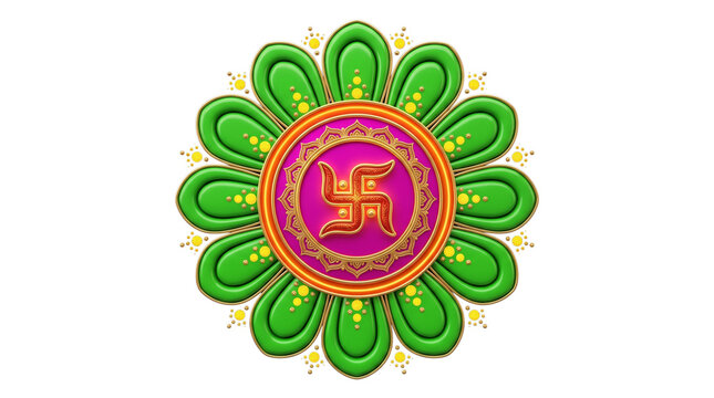 3d swastika symbol on green lotus petals with golden dots isolated on transparent background