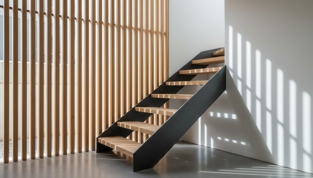 Sculptural interior detail shot focusing on an open riser architectural staircase crafted from folded steel plates and wood treads