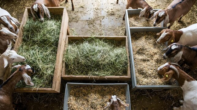 High angle view of domestic goats eating hay inside a rustic wooden barn