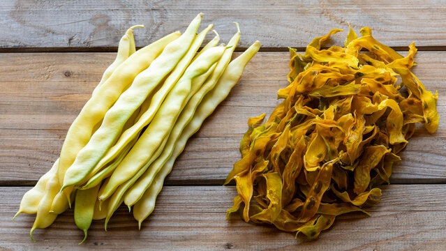Fresh and dried Merveille de Venise yellow pole beans on a rustic wooden background backlit by natural light.