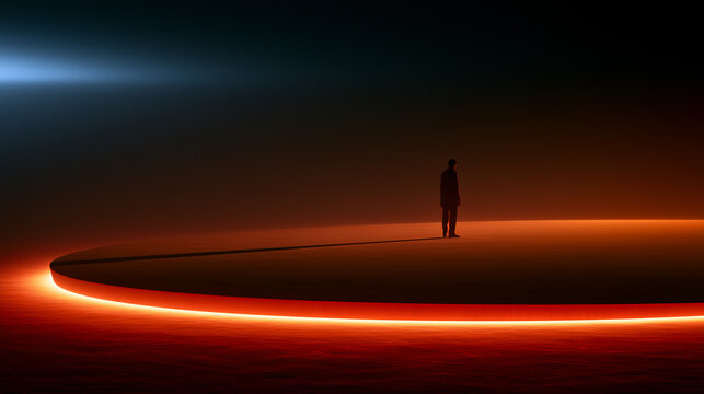 A lone person standing on a dark futuristic platform surrounded by glowing red light trails, creating a dramatic atmosphere of isolation, mystery and the unknown.

