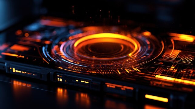 A futuristic, digital interface with a glowing, circular element in the center, surrounded by a circuit board and other electronic components.