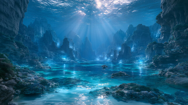 massive underwater canyon descending into the deep ocean, towering rock walls fading into blue darkness, beams of sunlight penetrating through the water, dramatic geological formations.