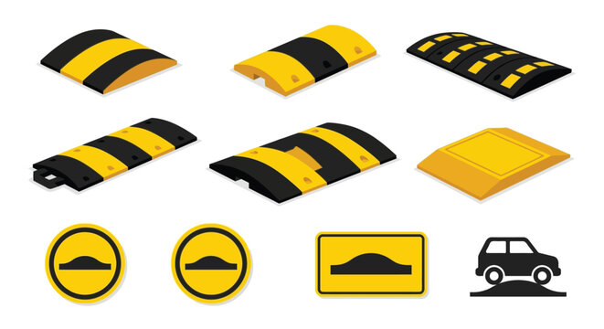 Isometric Speed Bump and Traffic Warning Sign Vector Set