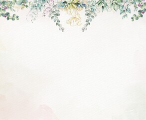 Elegant watercolor background with hanging eucalyptus branches and gold accents © MDolores
