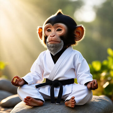 Cute Baby Monkey Wearing Karate Kimono Meditating in Lotus Pose on Stone 3D Render