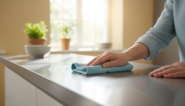 Close-up perspective of a senior woman hands with gentle age lines wiping down a clean stainless steel kitchen counter
