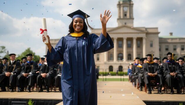 Proud Black female graduate walking across outdoor commencement stage holding diploma and waving to cheering crowd