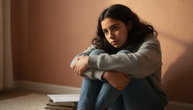 Teenage Latina girl sitting on her bedroom floor against a textured wall and hugging her knees with melancholic expression