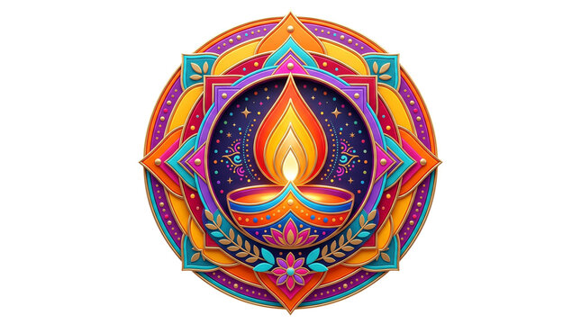 Diwali diya lamp with colorful mandala pattern isolated on transparent background