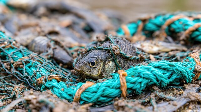 Small fish trapped in discarded turquoise fishing rope on a rocky shore, ideal for bycatch, marine pollution and wildlife protection concepts.