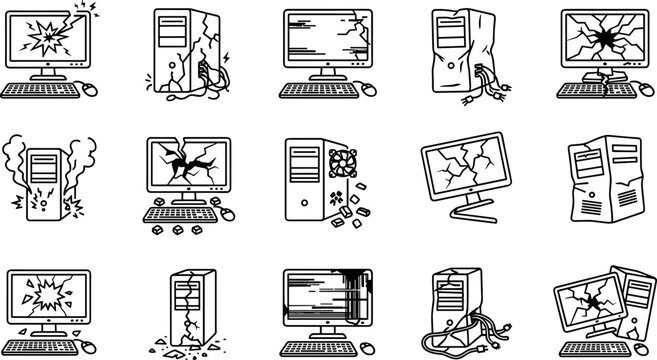 Fifteen icons depicting broken and damaged desktop computer equipment