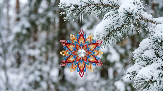 Colorful snowflake ornament hanging from a snow covered pine branch during winter