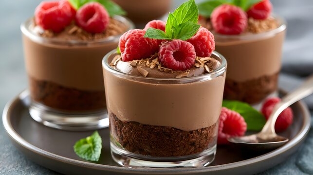 Rich chocolate mousse desserts topped with fresh raspberries and mint leaves in clear glass cups on a dark plate