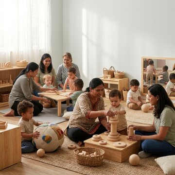 Mothers and children engaging in creative play in a bright learning environment