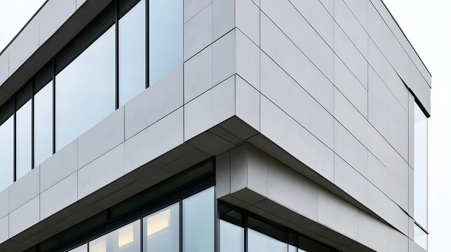 Modern building corner with gray stone panels and large glass under soft daylight