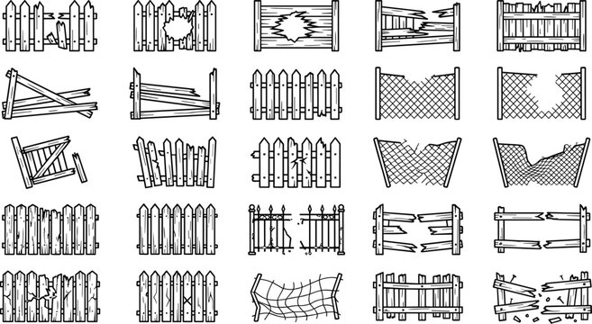 Broken fence icons, various styles of damaged wooden and metal barriers