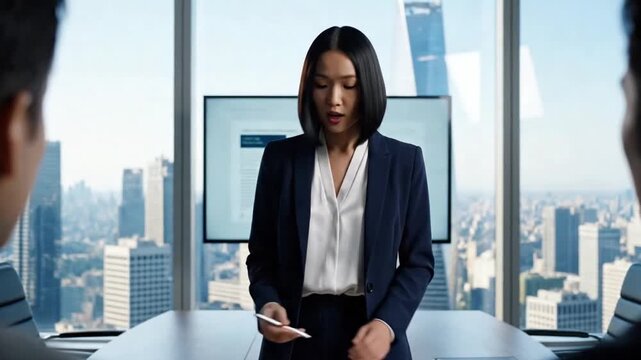 Angry female ceo shouting at her employees during a corporate meeting in a high rise office. Frustrated team leader expressing disappointment with business results in a modern conference room
